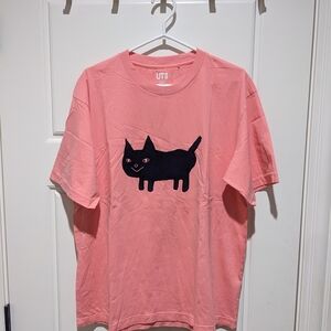 Uniqlo Pink Short Sleeve Tee with Black Cat Graphic